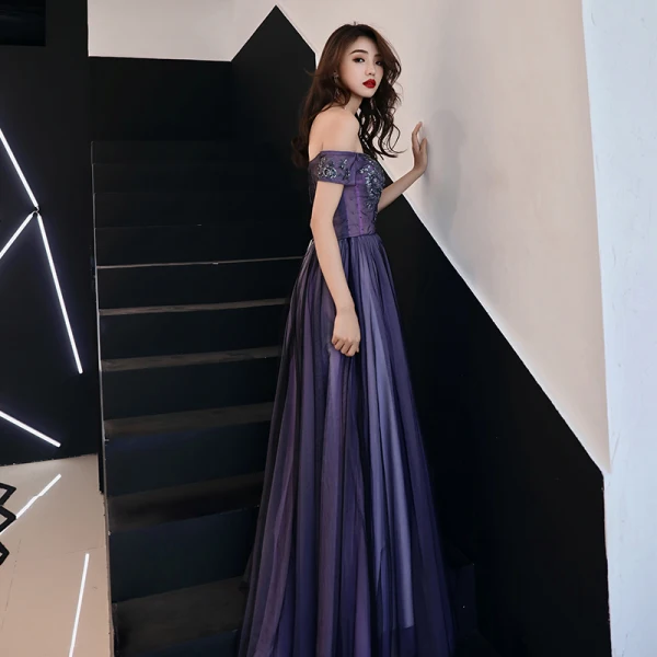 Elegant Grape Evening Dresses  2019 A-Line / Princess Off-The-Shoulder Beading Crystal Sequins Short Sleeve Backless Floor-Length / Long Formal Dresses