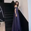 Elegant Grape Evening Dresses  2019 A-Line / Princess Off-The-Shoulder Beading Crystal Sequins Short Sleeve Backless Floor-Length / Long Formal Dresses