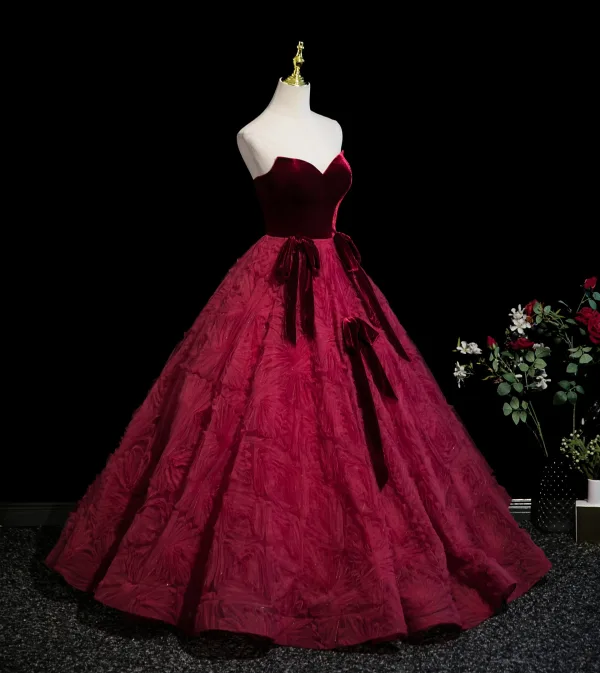 Vintage / Retro Burgundy Bow Prom Dresses 2025 Ball Gown Strapless Sleeveless Backless Floor-Length / Long Formal Dresses