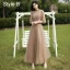 Simple Champagne Robe Demoiselle D'honneur 2021 Princesse Encolure Dégagée Manches Courtes Dos Nu Longue Robe Pour Mariage