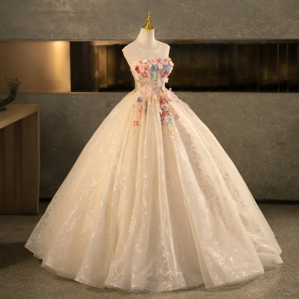 Flower Fairy Champagne Beading Sequins Lace Flower Multi-Colors Appliques Prom Dresses 2025 Ball Gown Scoop Neck Sleeveless Backless Floor-Length / Long Formal Dresses