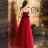 Sexy Burgundy Prom Dresses 2019 A-Line / Princess Strapless Suede Sleeveless Backless Floor-Length / Long Formal Dresses