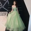 Elegant Sage Green Prom Dresses 2019 A-Line / Princess Off-The-Shoulder Lace Flower Appliques Beading Rhinestone Bow Short Sleeve Floor-Length / Long Formal Dresses