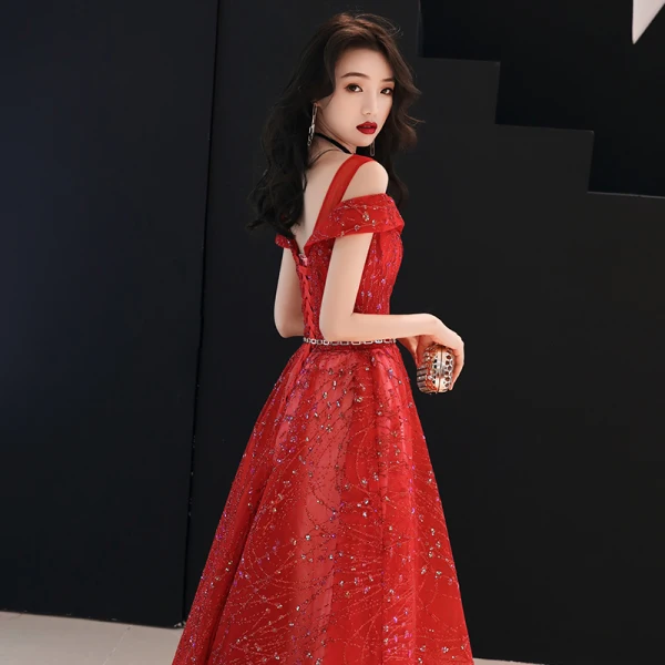 Charming Red Evening Dresses 2019 A-Line / Princess V-Neck Beading Sequins Metal Sash Glitter Tulle Short Sleeve Backless Floor-Length / Long Formal Dresses