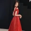 Charming Red Evening Dresses  2019 A-Line / Princess V-Neck Beading Sequins Metal Sash Glitter Tulle Short Sleeve Backless Floor-Length / Long Formal Dresses