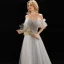 Chic / Belle Gris Robe De Soirée 2019 Princesse Bretelles Spaghetti En Dentelle Fleur Perlage Paillettes Volants Manches Courtes Dos Nu Longue Robe De Ceremonie