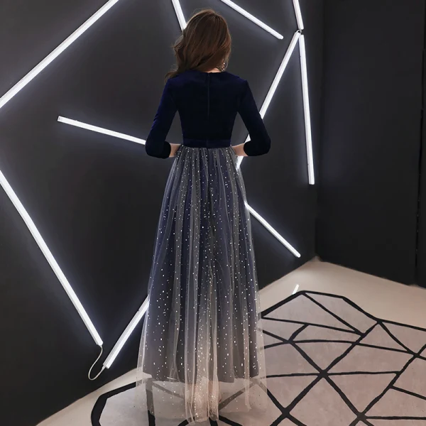 Elegant Navy Blue Evening Dresses  2019 A-Line / Princess V-Neck Suede Star Bow 3/4 Sleeve Floor-Length / Long Formal Dresses