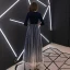 Elegant Navy Blue Evening Dresses  2019 A-Line / Princess V-Neck Suede Star Bow 3/4 Sleeve Floor-Length / Long Formal Dresses