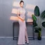 Élégant Rougissant Rose Robe De Soirée 2019 Trompette / Sirène Col Haut Faux Diamant Manches Courtes Fendue devant Longue Robe De Ceremonie