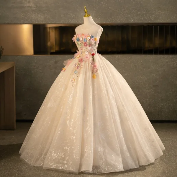 Flower Fairy Champagne Beading Sequins Lace Flower Multi-Colors Appliques Prom Dresses 2025 Ball Gown Scoop Neck Sleeveless Backless Floor-Length / Long Formal Dresses