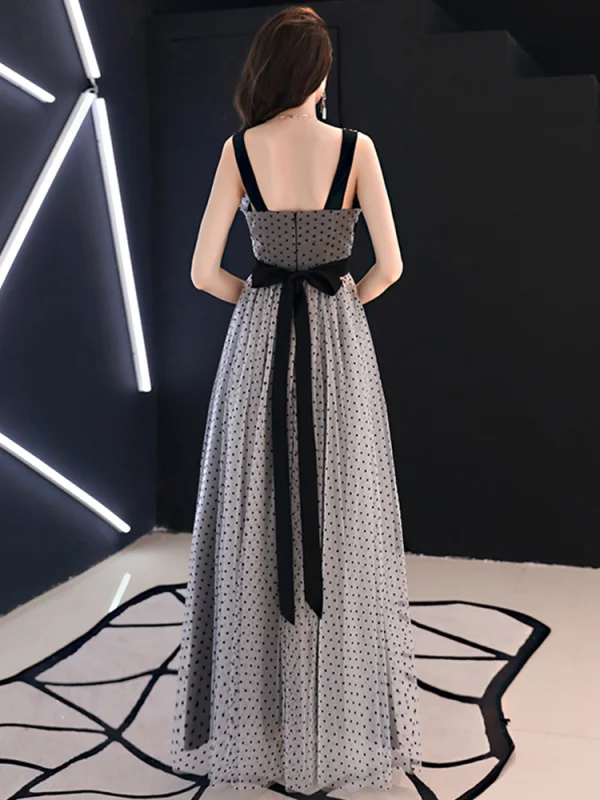 Chic / Beautiful Grey Evening Dresses 2019 A-Line / Princess V-Neck Bow Spotted Sleeveless Backless Floor-Length / Long Formal Dresses