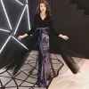 Chic / Beautiful Black Evening Dresses  2019 A-Line / Princess V-Neck Sash Sequins 3/4 Sleeve Floor-Length / Long Formal Dresses