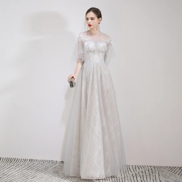 Elegant Grey Evening Dresses  2019 A-Line / Princess Scoop Neck Appliques Lace Flower 1/2 Sleeves Floor-Length / Long Formal Dresses