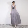 Elegant Gradient-Color Grey Evening Dresses  2019 A-Line / Princess V-Neck Crystal Lace Flower Sleeveless Backless Floor-Length / Long Formal Dresses