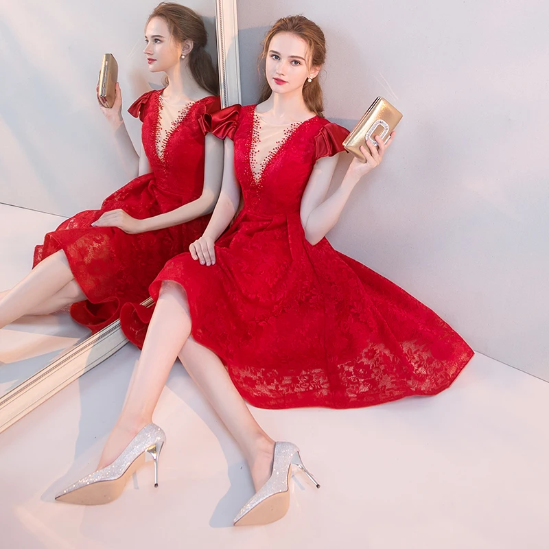 Chic Beautiful Burgundy Homecoming Graduation Dresses 2019 A Line Princess  Deep V Neck Beading Lace Flower Cap Sleeves Backless Tea Length Formal  Dresses