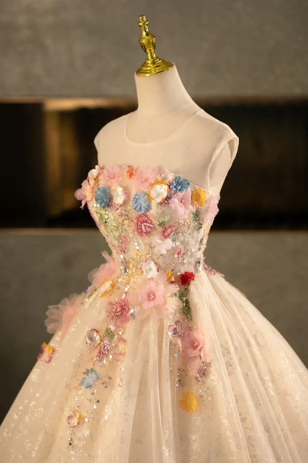 Flower Fairy Champagne Beading Sequins Lace Flower Multi-Colors Appliques Prom Dresses 2025 Ball Gown Scoop Neck Sleeveless Backless Floor-Length / Long Formal Dresses