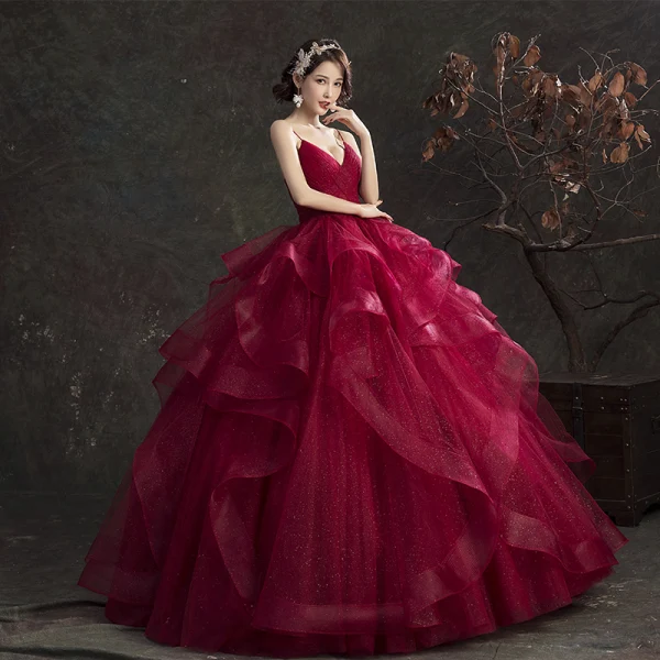 Charming Quinceañera Burgundy Prom Dresses 2019 Ball Gown Spaghetti Straps Glitter Sleeveless Backless Cascading Ruffles Floor-Length / Long Formal Dresses