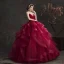 Charming Quinceañera Burgundy Prom Dresses 2019 Ball Gown Spaghetti Straps Glitter Sleeveless Backless Cascading Ruffles Floor-Length / Long Formal Dresses