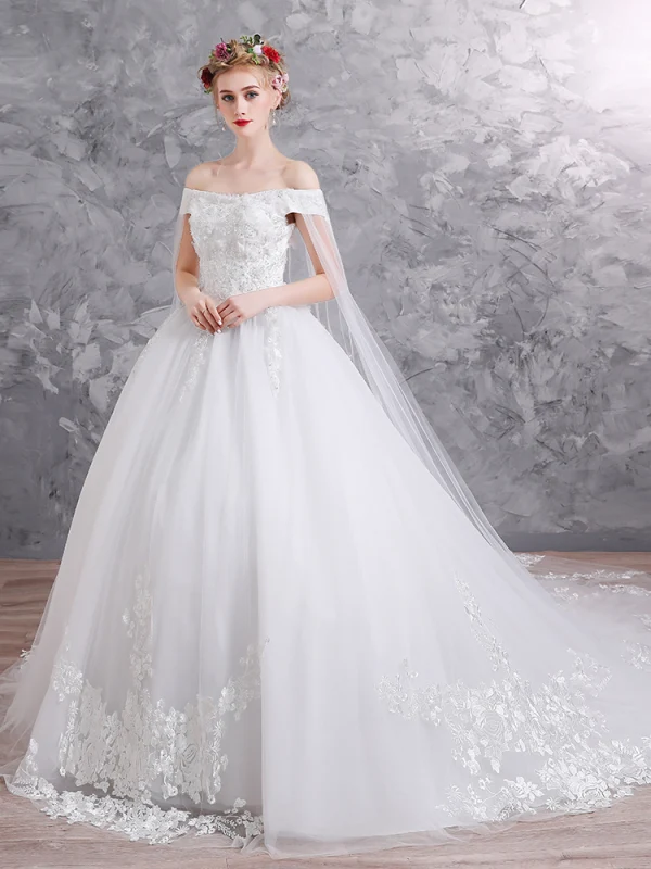 Elegant White Wedding Dresses 2019 Ball Gown Off-The-Shoulder Lace Flower Appliques Pearl Sequins Short Sleeve Backless Chapel Train