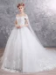 Elegant White Wedding Dresses 2019 Ball Gown Off-The-Shoulder Lace Flower Appliques Pearl Sequins Short Sleeve Backless Chapel Train