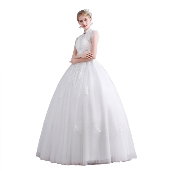 Elegant White Wedding Dresses 2019 Ball Gown High Neck Lace Flower Sequins Short Sleeve Backless Floor-Length / Long