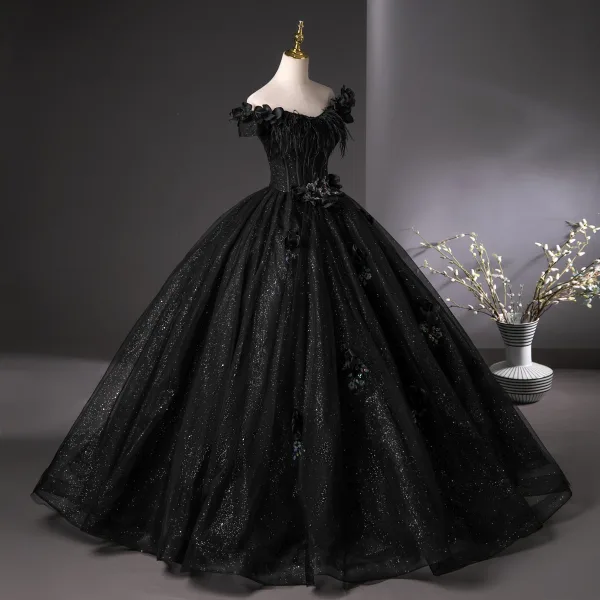 Amazing / Unique Black Beading Appliques Sequins Glitter Prom Dresses 2025 Ball Gown Off-The-Shoulder Feather Short Sleeve Backless Floor-Length / Long Prom Formal Dresses