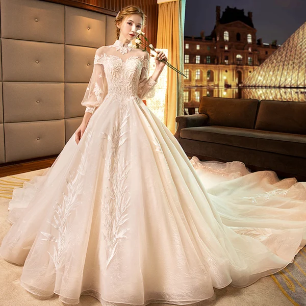 Charming Champagne Wedding Dresses 2019 Ball Gown High Neck Beading Crystal Lace Flower Long Sleeve Backless Royal Train
