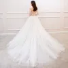 Charming Ivory Wedding Dresses 2019 A-Line / Princess Long Sleeve Lace Flower Backless Chapel Train