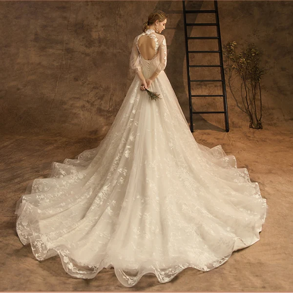 Elegant Champagne Wedding Dresses 2019 A-Line / Princess High Neck Lace Flower 3/4 Sleeve Backless Chapel Train
