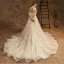 Elegant Champagne Wedding Dresses 2019 A-Line / Princess High Neck Lace Flower 3/4 Sleeve Backless Chapel Train