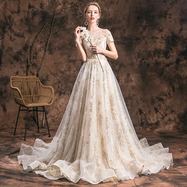 Charming Champagne 2019 Wedding Dresses A-Line / Princess Scoop Neck Lace Flower Glitter Tulle Short Sleeve Backless Cathedral Train