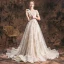 Charming Champagne 2019 Wedding Dresses A-Line / Princess Scoop Neck Lace Flower Glitter Tulle Short Sleeve Backless Cathedral Train