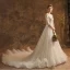 Élégant Champagne Robe De Mariée 2019 Princesse Encolure Dégagée En Dentelle Fleur Étoile 3/4 Manches Dos Nu Chapel Train