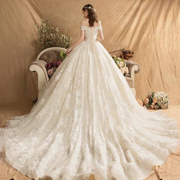 Luxury / Gorgeous Champagne Wedding Dresses 2019 Ball Gown Off-The-Shoulder Beading Pearl Rhinestone Lace Flower Short Sleeve Backless Royal Train