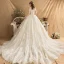 Luxury / Gorgeous Champagne Wedding Dresses 2019 Ball Gown Off-The-Shoulder Beading Pearl Rhinestone Lace Flower Short Sleeve Backless Royal Train