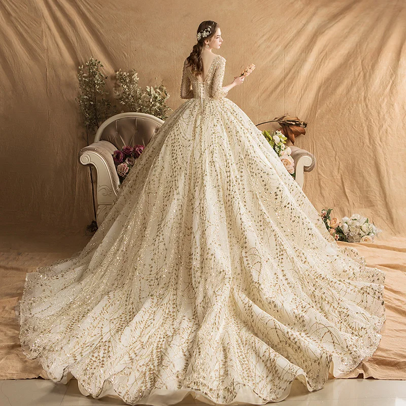 green emerald velvet dress Long Sleeve V-neck Gold Lace Ball Gown White Organza Gorgeous Prom Wed   SofieBridal
