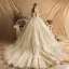 Luxury / Gorgeous Gold Wedding Dresses 2019 Ball Gown Square Neckline Glitter Tulle Beading Sequins Crystal 3/4 Sleeve Backless Royal Train