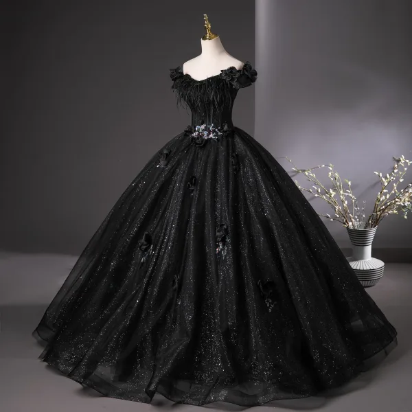Amazing / Unique Black Beading Appliques Sequins Glitter Prom Dresses 2025 Ball Gown Off-The-Shoulder Feather Short Sleeve Backless Floor-Length / Long Prom Formal Dresses