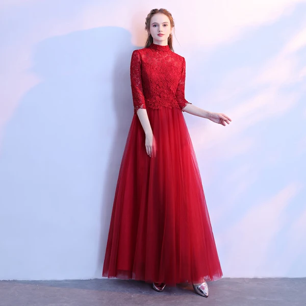 Chic / Beautiful Sky Blue Prom Dresses 2018 A-Line / Princess Lace Flower High Neck 1/2 Sleeves Floor-Length / Long Formal Dresses