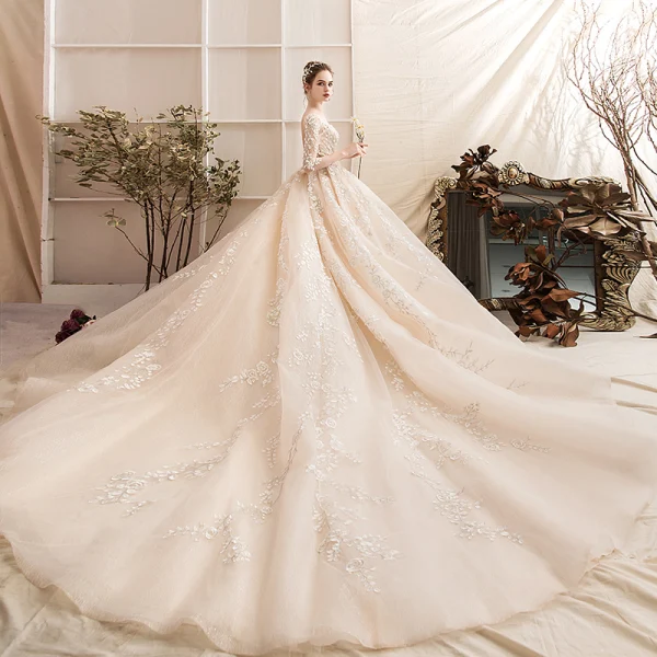 Luxury / Gorgeous Champagne Wedding Dresses 2019 Ball Gown Scoop Neck Handmade Beading Lace Flower Crystal 3/4 Sleeve Backless Royal Train