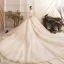 Luxury / Gorgeous Champagne Wedding Dresses 2019 Ball Gown Scoop Neck Handmade  Beading Lace Flower Crystal 3/4 Sleeve Backless Royal Train