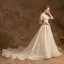 Charming Champagne Wedding Dresses 2019 A-Line / Princess Scoop Neck Beading Lace Flower Sequins 3/4 Sleeve Backless Cathedral Train Wedding