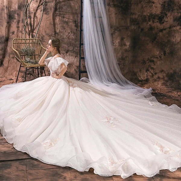 Elegant Champagne Wedding Dresses 2019 Ball Gown Scoop Neck Lace Flower Short Sleeve Backless Royal Train