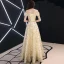 Modern / Fashion Gold Evening Dresses  2019 A-Line / Princess Off-The-Shoulder Glitter Sequins Metal Sash Short Sleeve Backless Floor-Length / Long Formal Dresses