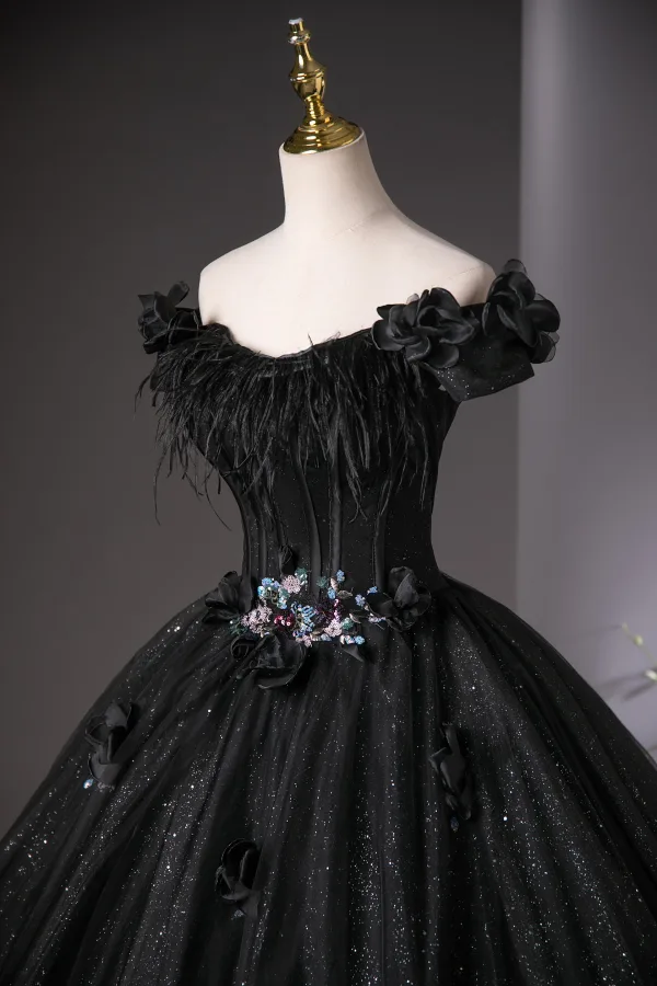 Amazing / Unique Black Beading Appliques Sequins Glitter Prom Dresses 2025 Ball Gown Off-The-Shoulder Feather Short Sleeve Backless Floor-Length / Long Prom Formal Dresses