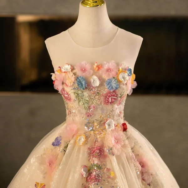 Flower Fairy Champagne Beading Sequins Lace Flower Multi-Colors Appliques Prom Dresses 2025 Ball Gown Scoop Neck Sleeveless Backless Floor-Length / Long Formal Dresses