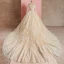Élégant Champagne Robe De Mariée 2019 Robe Boule De l'épaule En Dentelle Fleur Manches Longues Dos Nu Cathedral Train