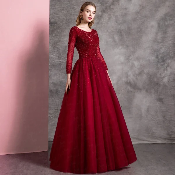 Chic / Beautiful Burgundy Prom Dresses 2019 A-Line / Princess Scoop Neck Beading Crystal Sequins Long Sleeve Backless Floor-Length / Long Formal Dresses