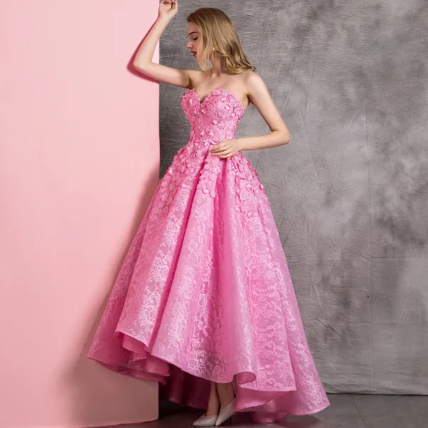 Fine Sukkertøyrosa Ballkjoler 2019 Prinsesse Kjæreste Blonder Appliques Uten Ermer Ryggløse Asymmetrisk Formelle Kjoler