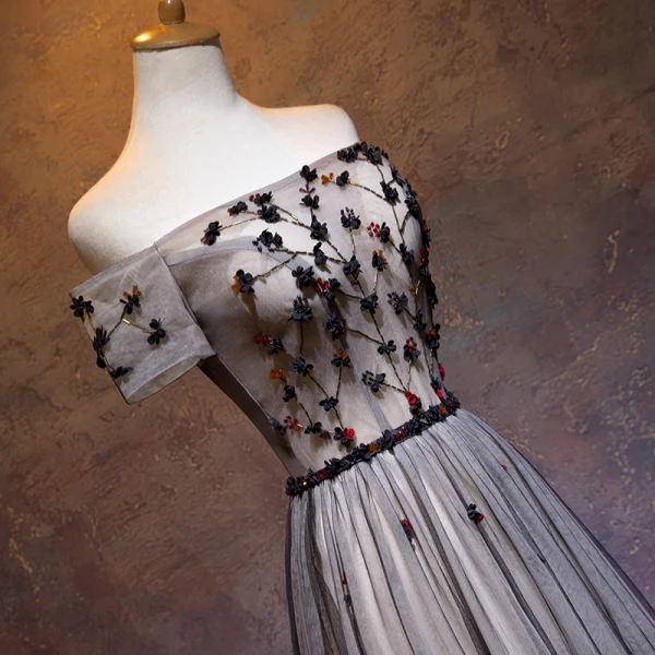 Elegant Black Prom Dresses A-Line / Princess Off-The-Shoulder Beading Crystal Appliques Short Sleeve Backless Bow Floor-Length / Long Formal Dresses